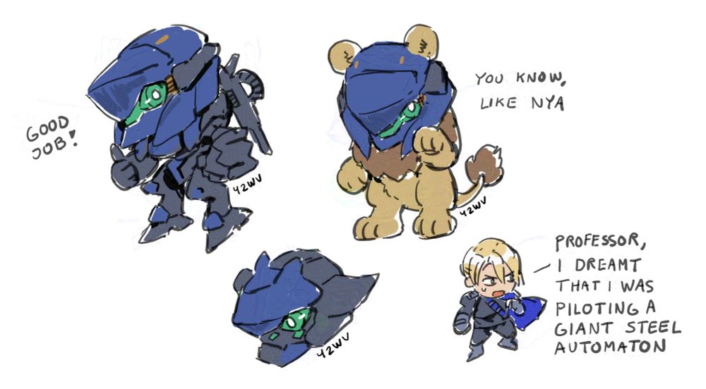 Chibi doodles of Steel Haze from Armored Core 6, and a bonus Dimitri from Fire Emblem Three Houses. These characters are voiced by the same voice actor