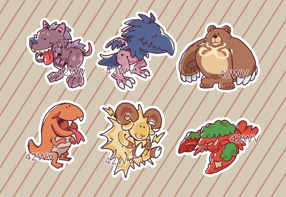 Not-so-friendly creatures from Elden Ring as cute chibis. Top-left to bottom-right are: Monstrous Dog, Monstrous Crow, Runebear, Man-Serpent, Lightning Goat, Giant Crayfish.