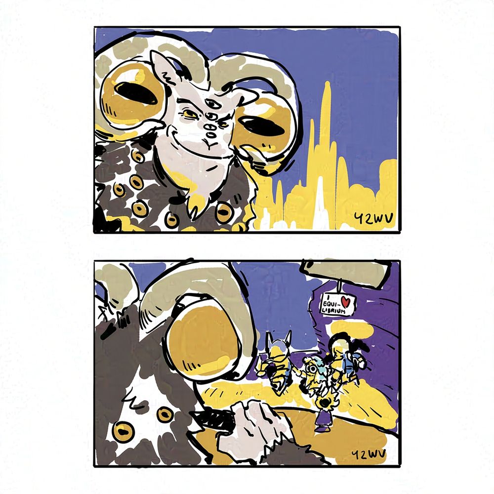Comic based on the Asgore truck meme using Elden Ring Nightreign characters.
Panel 1: Libra grinning maliciously.
Panel 2: Libra driving a car trying to run over 3 Nightfarers (Left to right: Wylder, Revenant and Duchess)