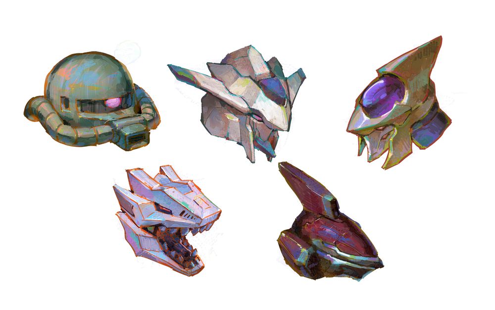Heads of various mechas. 
Top Left to top-right: Zaku II, Gundam Bael, Shinkiro
Bottom Left to bottom right: Berserk Fury, Nineball