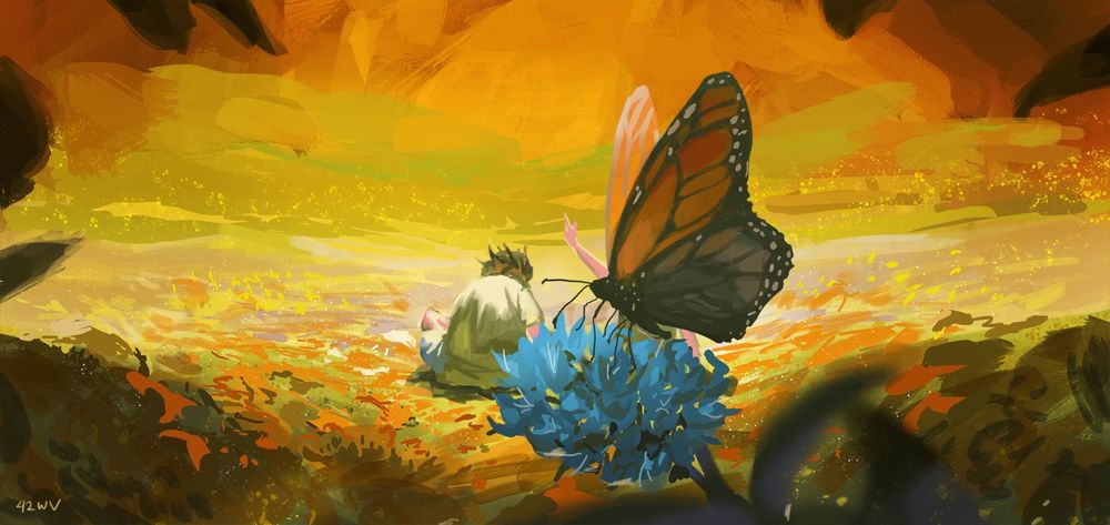 Young Erhard Muller (CR-S01, from Trauma Team) in a field of flowers. On the foreground, there is a blue milk-weed flower in the middle, with a monarch butterfly on top. On the right of Erhard, there is another mysterious child next to him, but it's partially hidden by the butterfly in the foreground.