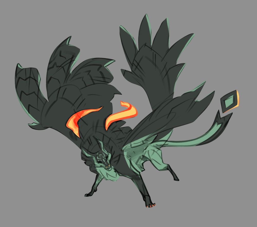 VERY rough sketch of wolf Link except he's got big dragon wings and a big dragon tail and cool pinion feathers and FLOATING HORNS because those are NEAT and I LIKE THEM (there is also a Midna, but the projects weren't related)