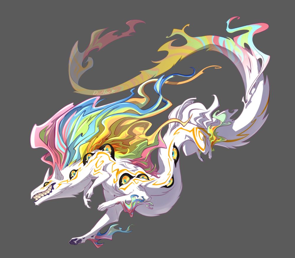 Colored drawing of a long wispy creature with white fur, multiple yellow eyes, and a long flowing mane of pastel colors, some of which are stained down the length of its long whip-like tail.