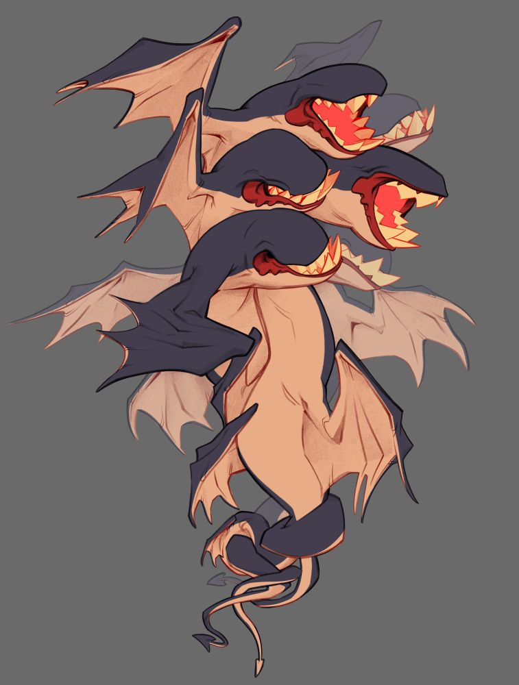 Colored drawing of some eye-less, mouthy, tangle of critters with spindly bat wings and big triangular teeth all twisted and tangled together to move as one, greater creature 