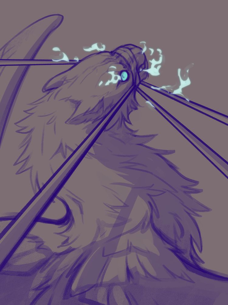 Some old 2020 vent art that I thought was still interesting featuring a fluffy dragon with its mouth bound by cables anchored somewhere out of frame, pulled taught by the dragon's tugging. Its single visible eye is rolled back to look at the viewer as what little of its face that is left uncovered twists into a snarl. 