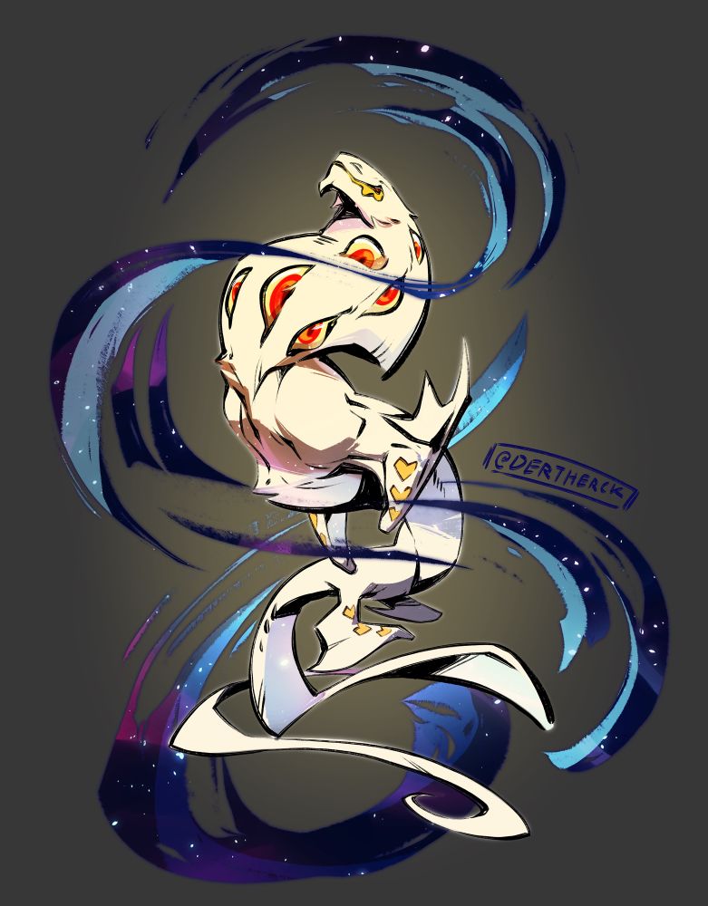 Drawing of a white dragon surrounded by spiraling stardust. The dark and heavy brushstrokes of the line art frame his outline and the many red eyes poking from the fur of his neck.