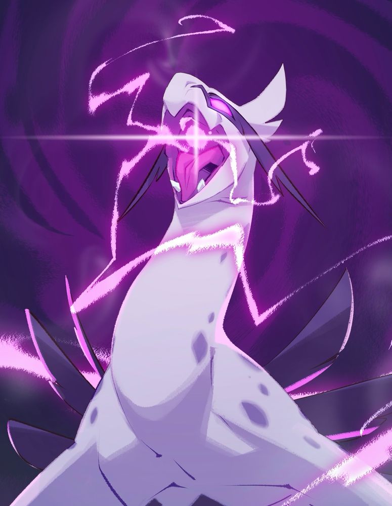 Cropped portrait of a young Lugia, head raised high as he fires a chaotic bolt of violet lightning from his mouth
