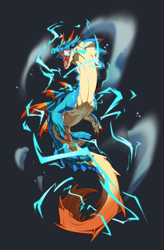 Color drawing of a Lagiacrus twisting upwards through a torrent of lightning and bubbles, mouth open wide in an electrified roar.
