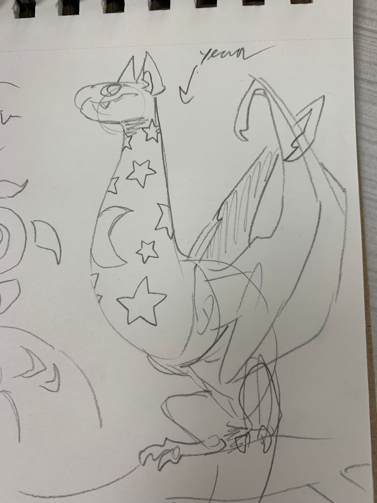 Sketchbook drawing of some kind of lil wyvern thing perched upon a branch with his head held up on a loooong neck dotted with big blocky stars (and one moon)