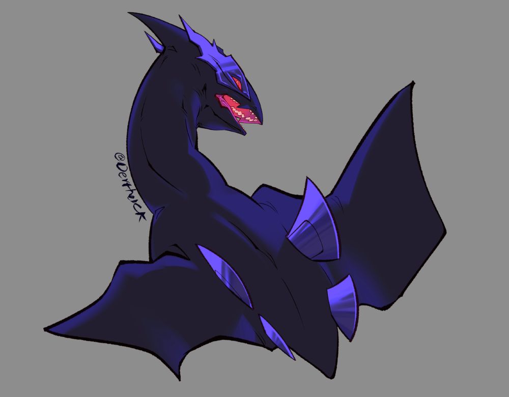 cell-shaded drawing of a Shadow Lugia doing a sassy lil turn to glare, open-mouthed at the viewer. If this thing didn't already have my signature on it it would go on the side account SO FAST because that feels right. But I lost the file. So. Whatever. 