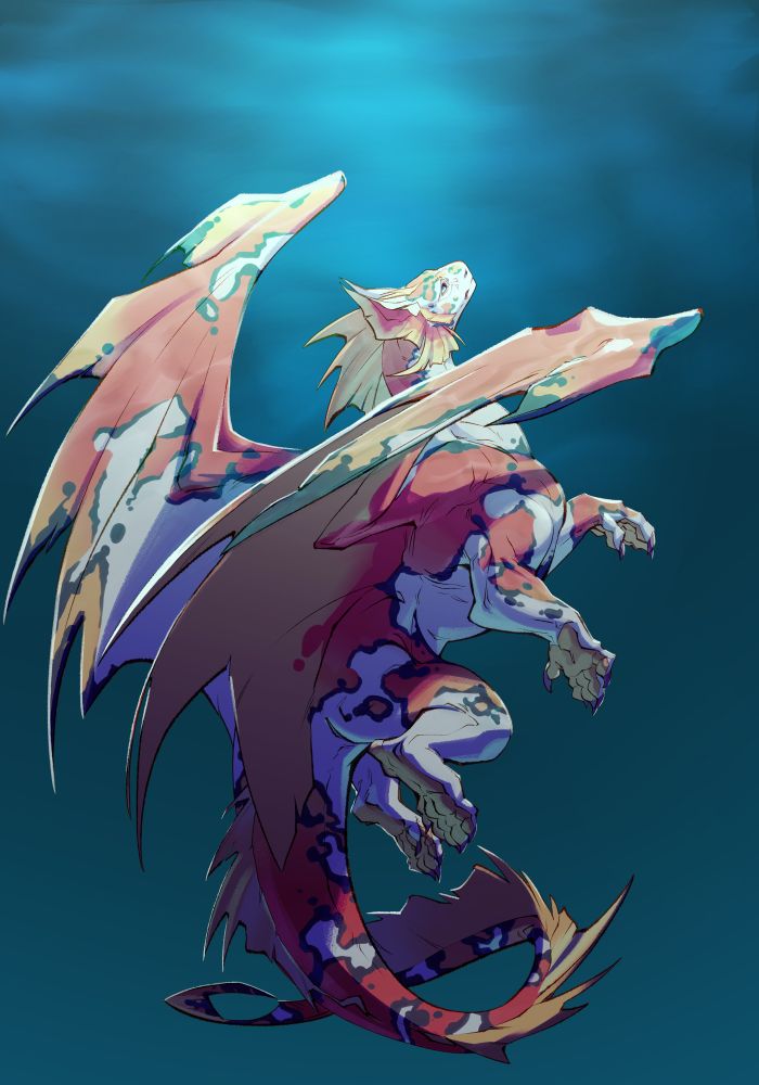 Rendered art of a dragon with coi-like patterns suspended in the what is supposed to be a body of water but I never got far enough to make it convincing, staring up at the meager light filtering down through the surface, refracting ever so slightly across his body