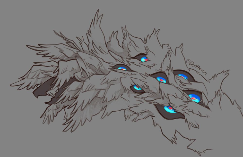 (Mostly) monochrome sketch of an angelic monster in profile, covered in stray wings and glowing blue eyes. Just barely visible through the wings that frame its... "Face", are a pair of dark, jagged mandibles. Be not afraid. It's fine.