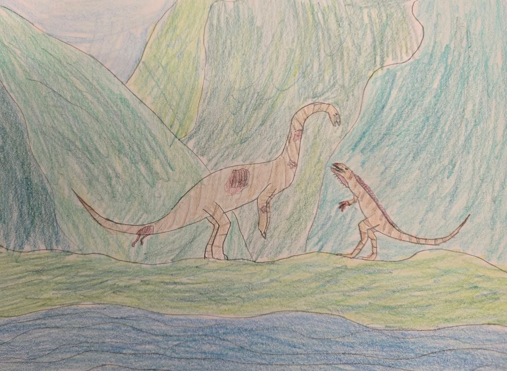 A sauropod and acrocanthosaurus locked in combat
