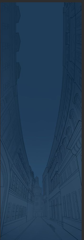 A long drawing of dark blue buildings going from worms eye view to street level down the page. 