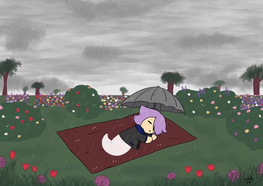 ghost character lying on a blanket in a flower field in the rain, partially covered by an umbrella