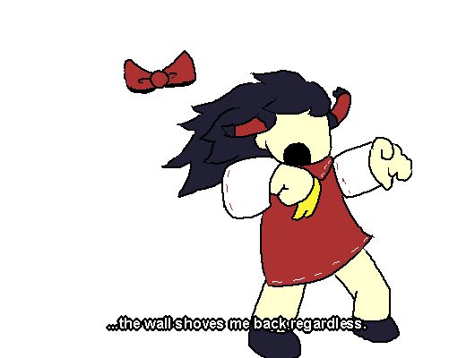 reimu being blown back by the wind, the bow flying away as a substitute for megaman's helmet, subtitle "the wall shoves me back regardless"