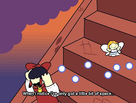 reimu on the stairs running from bullets, in place of the frame where megaman runs from the birds, subtitle "when i notice i've only got a little bit of space"