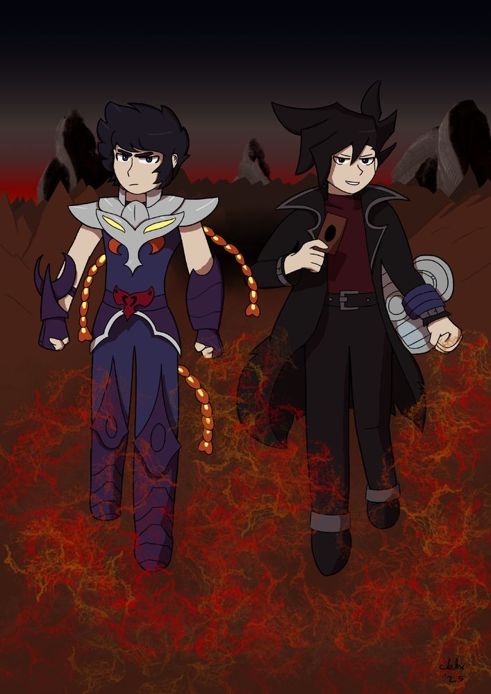 phoenix ikki from saint seiya and jun manjoume from yugioh gx walking out of a ruined volcanic landscape