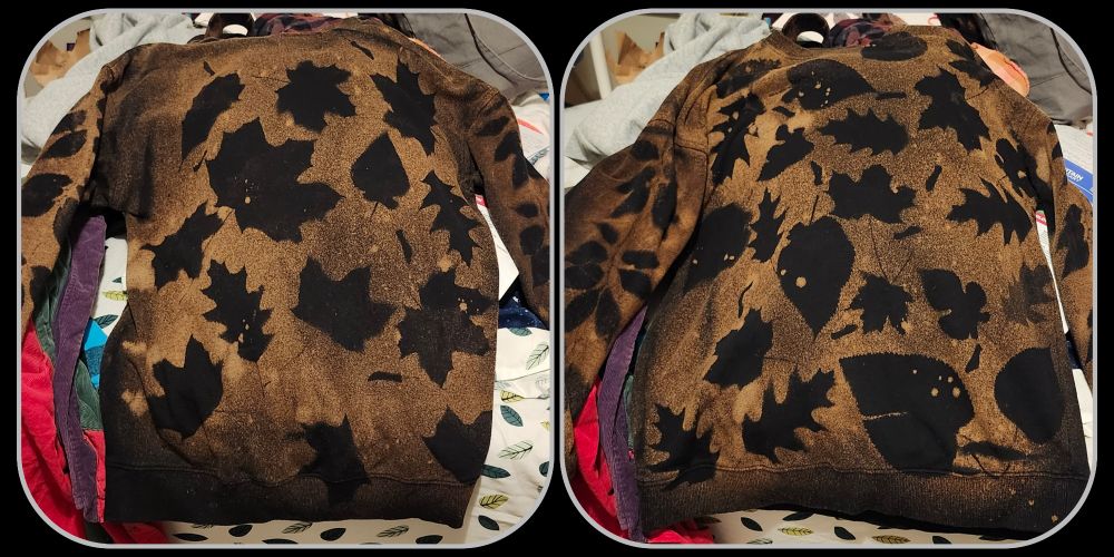 A double photo set to show front and back of a black sweatshirt with silhouettes of leaves and seed pods through sprayed bleach, giving the rest of the shirt an orange hue 