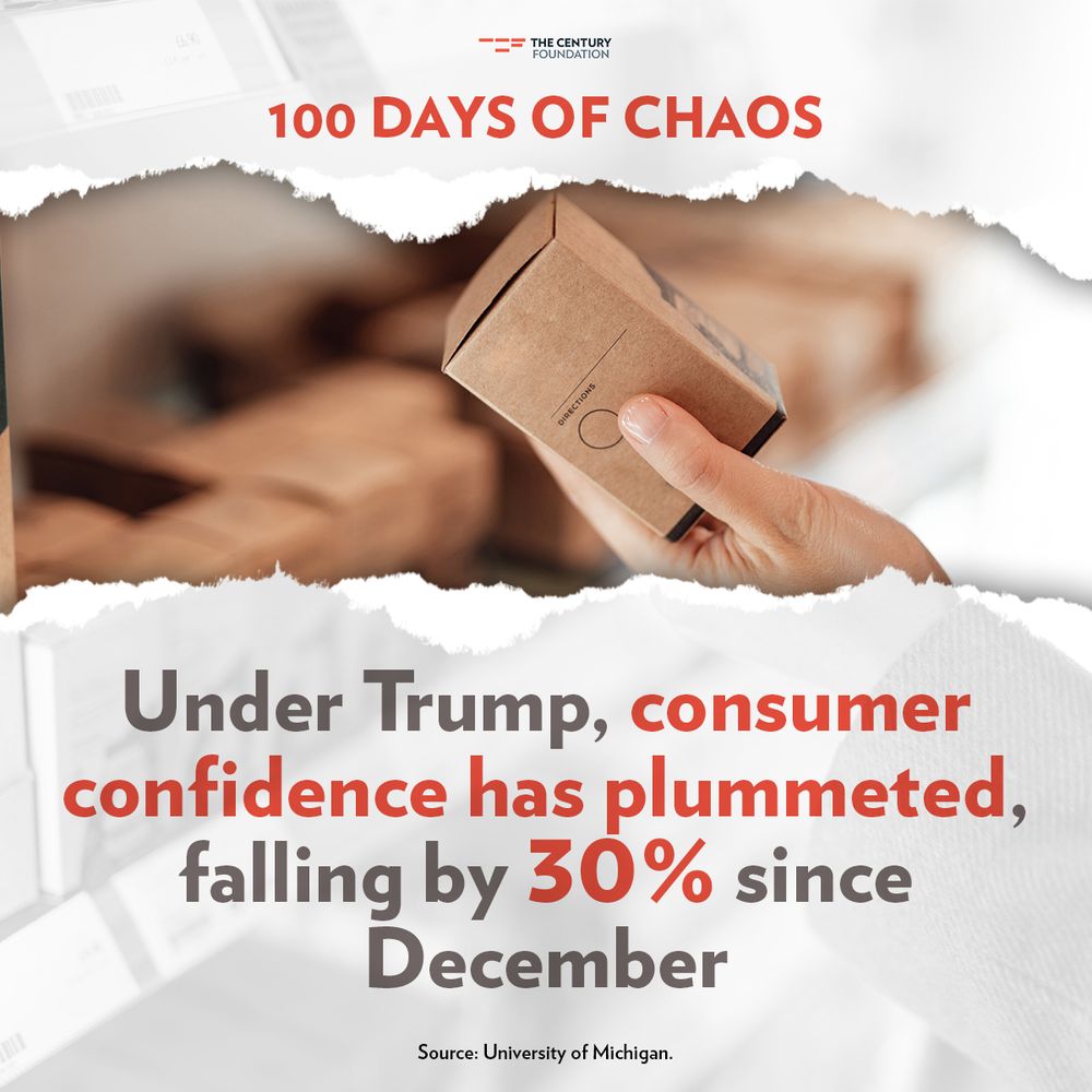 Infographic that reads "100 Days of Chaos: Under Trump, consumer confidence has plummeted, falling by 30 % since December" 