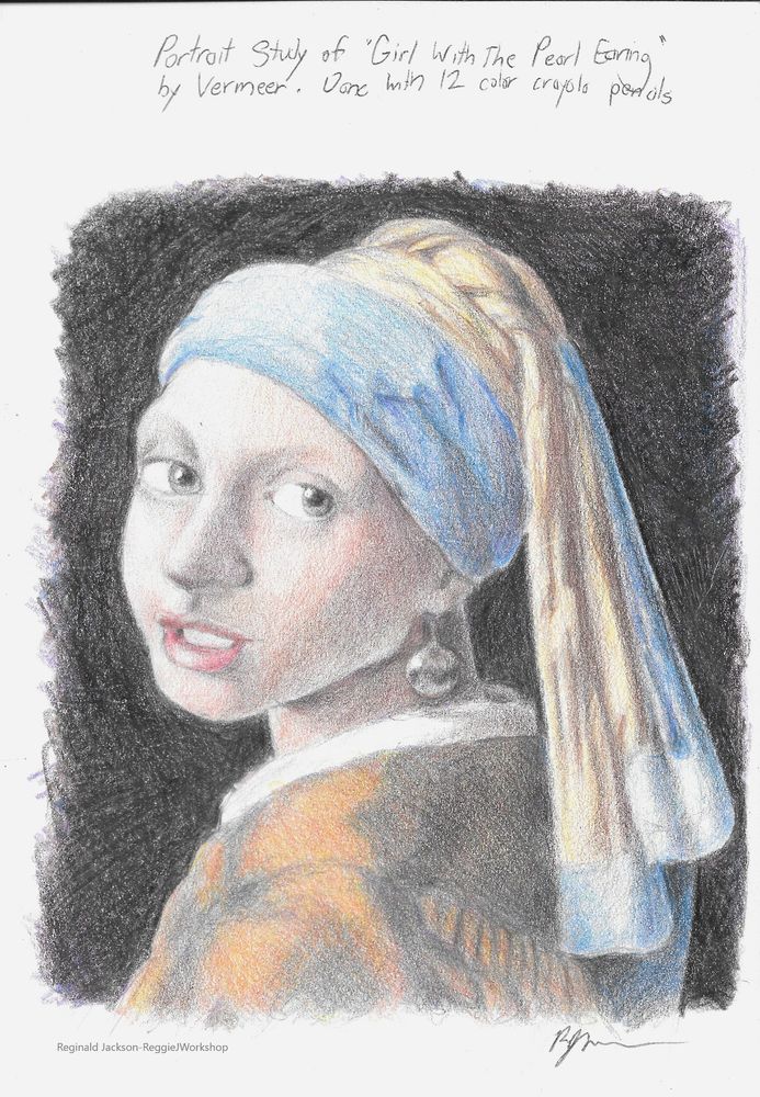 a portrait study I did of vermeer's "girl with a pearl earring" painting. it features a woman wearing a blue and yellow head scarf along with a shiny earring and orangish dress.