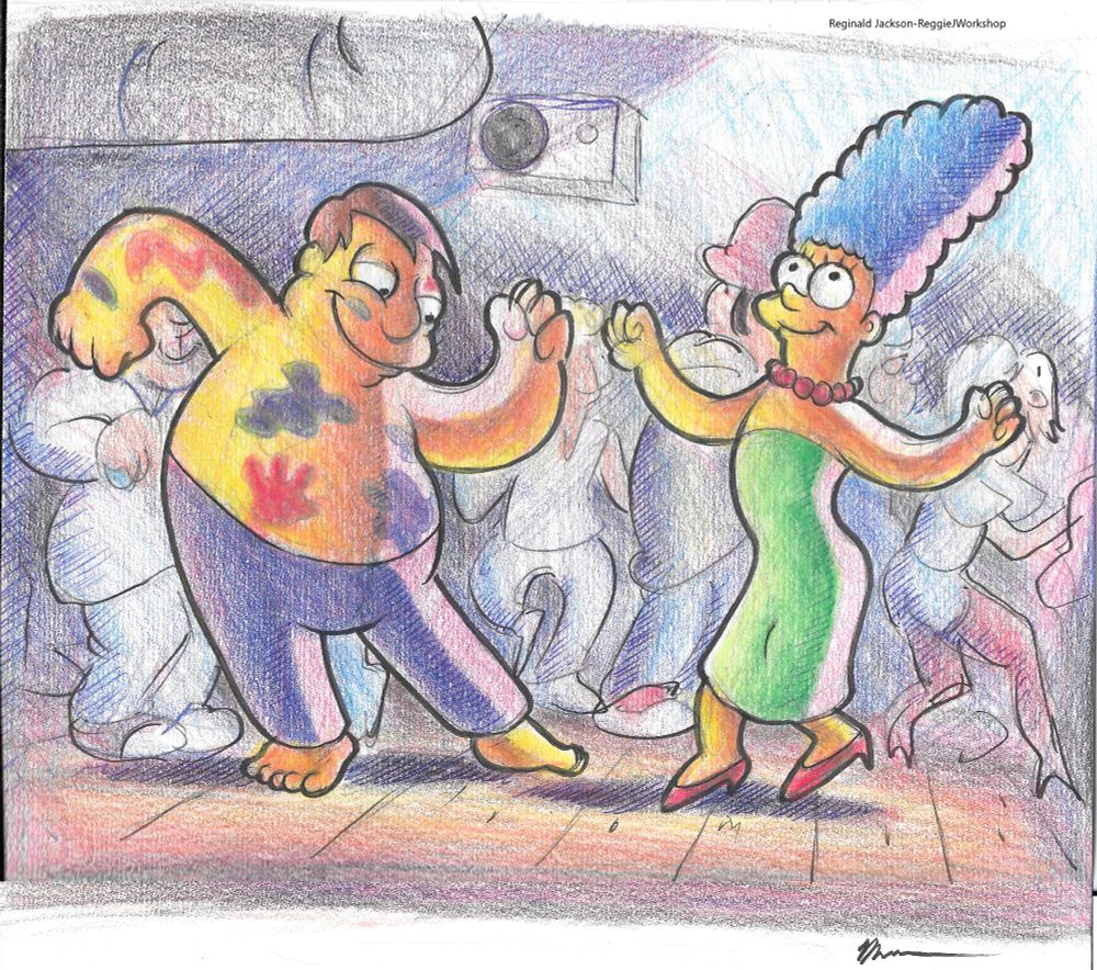 a colored pencil and ballpoint pen sketch of screenshot redraw of marge and mayor Quimby dancing in a rave