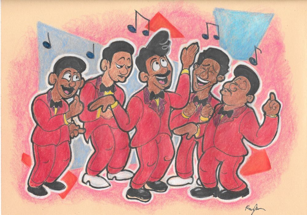  a group of doo wop singer in red suits