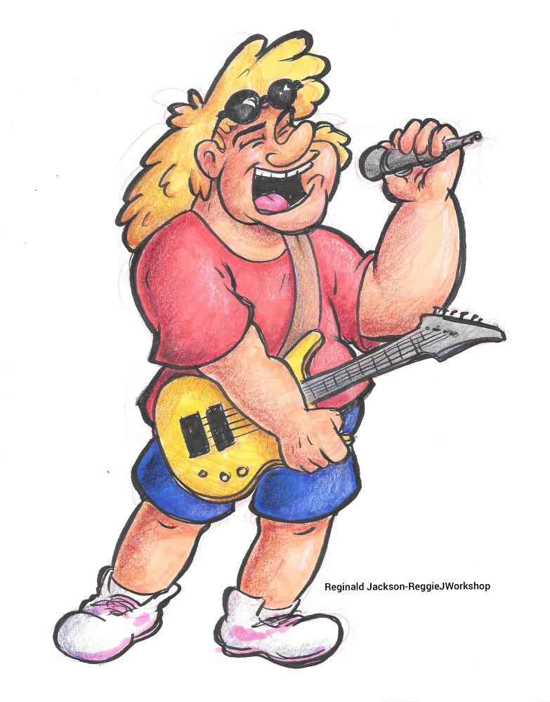 A blond haired rockstar in a red shirt and blue shorts singing into a microphone while holding a yellow guitar