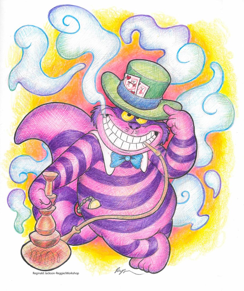 the cheshire cat. a purple and pink striped cat stands on his hind legs crossed. He tips a green hat and smiles. Light blue smoke floats out of his mouth from the hookah he's using.