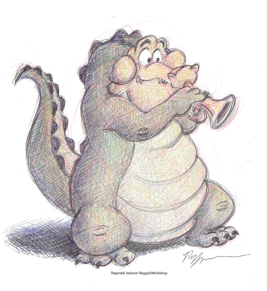 a large chubby alligator standing up on his hind legs as he blows into a trumpet