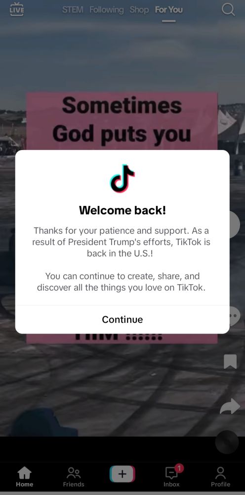 Screen grab of Tiktok notice welcoming you back thanks to the efforts of "president" trump.