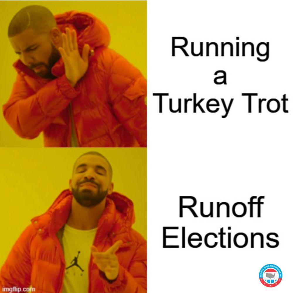 Meme featuring two images of Drake. In the top panel, Drake looks displeased with text "Running a Turkey Trot." In the lower panel, he gestures approvingly toward text "Runoff Elections," with a logo of the Chicago Board of Election Commissioners.