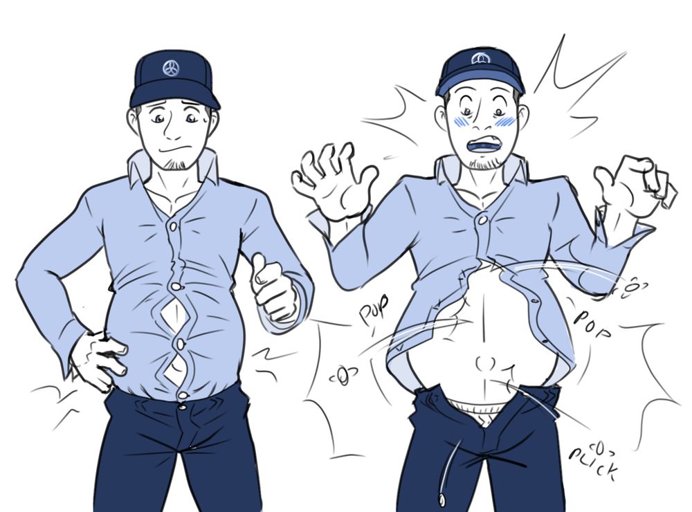 Junpei Iori from Persona 3, pregnant with his belly busting his shirt open.