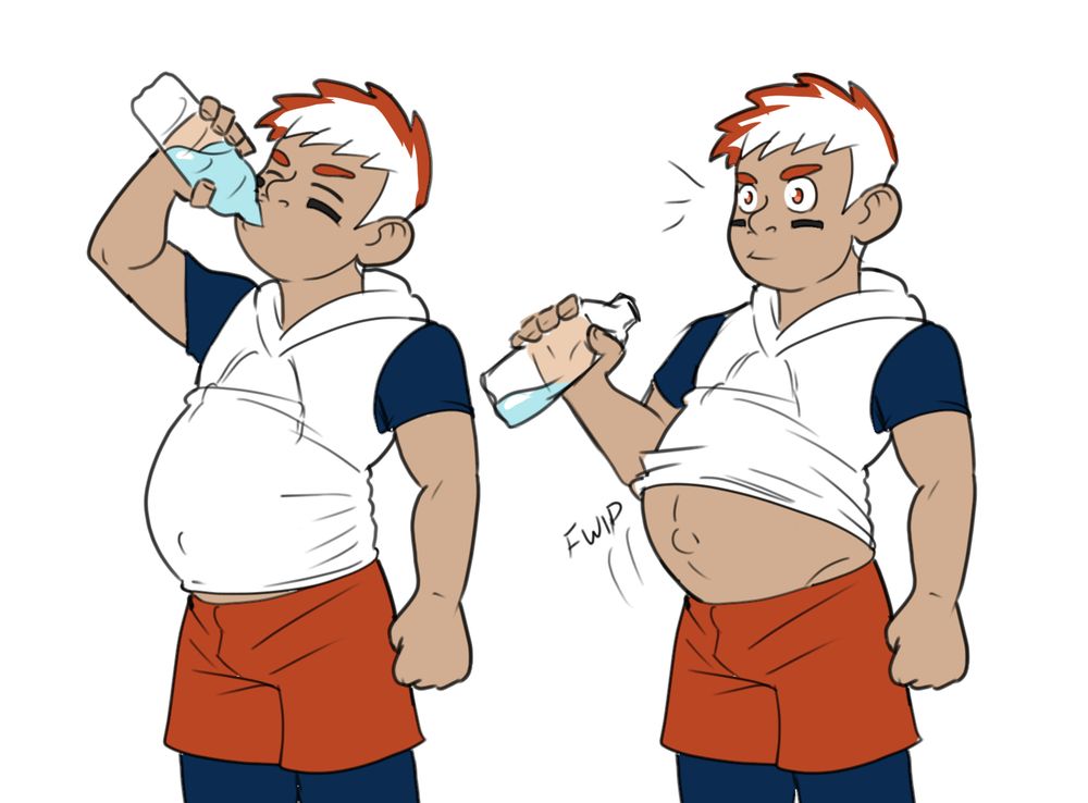 W101's OC, Andre, pregnant and drinking from a water bottle. His shirt ends up riding up afterwards.