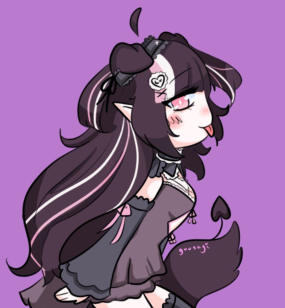 side view of a half-chibi character with a brown color palette with pink accents on hair. she is looking at the viewer and sticking her tongue out in a cheeky way