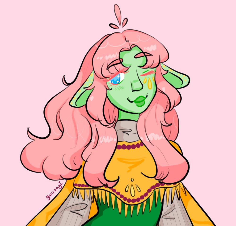 portrait art of DnD character Aster, she has soft pink fluffy hair, pink eyelashes and green apple colored skin, She is wearing a tunic with a cape and is winking at the camera