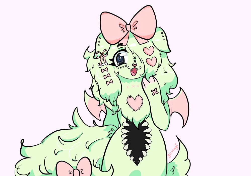 doll puppy by jiraipuppy she is smiling with her paw up to her face