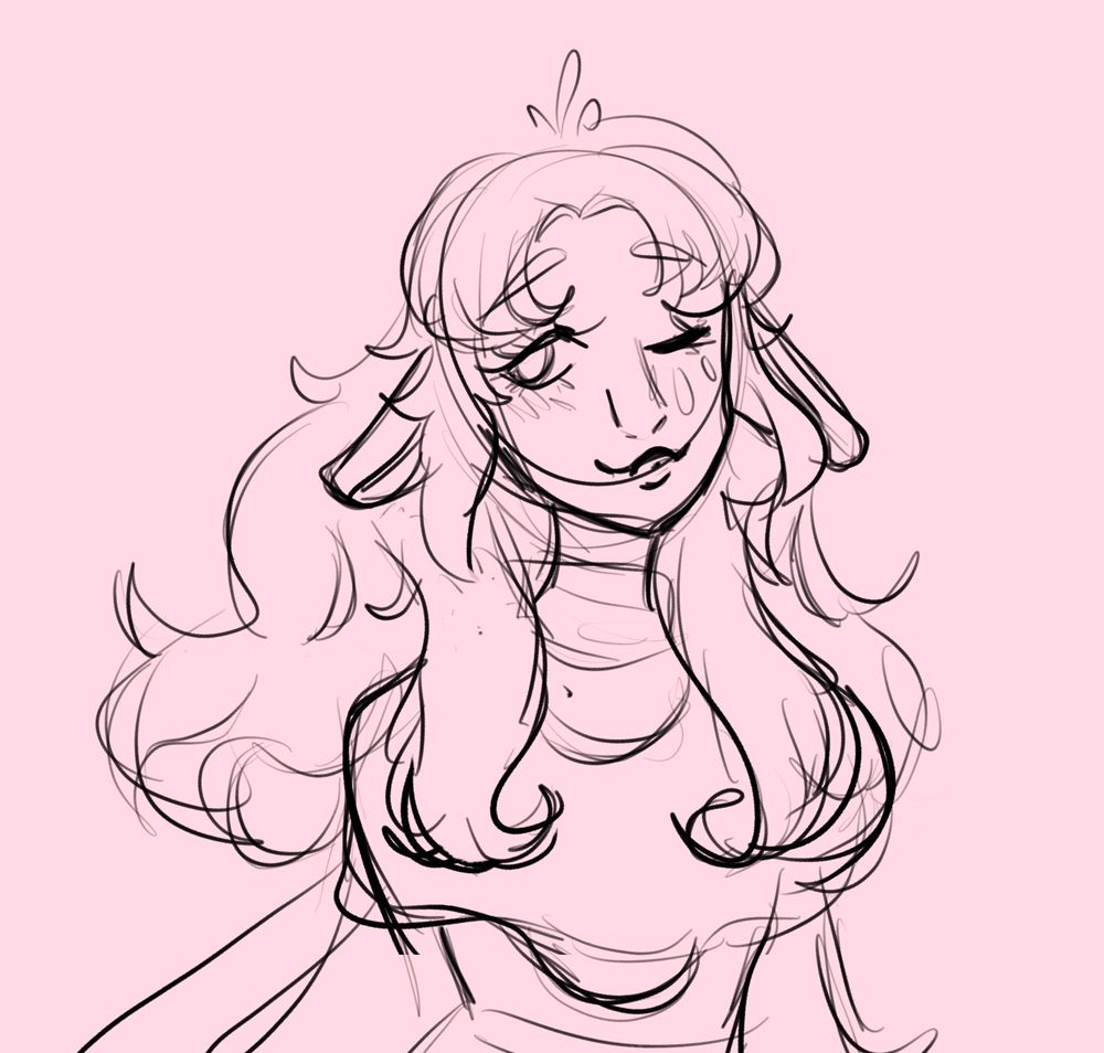 sketch of a dnd character she has long messy hair and long droopy ears