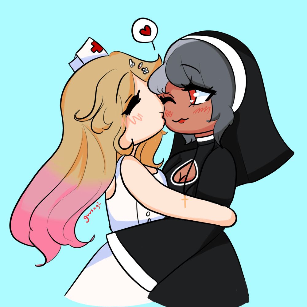 a nurse and a nun are hugging, both female, the nurse is kissing the nun on the cheek. they are girlfriends
