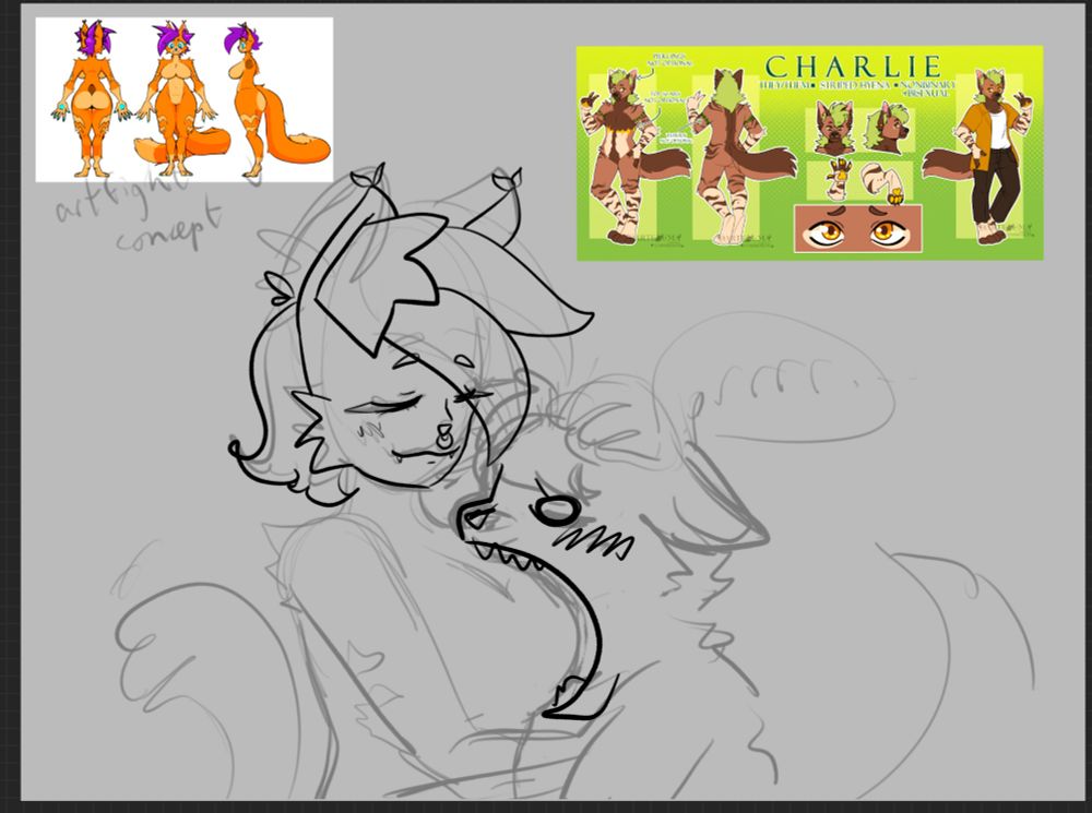 a sketch of a furry couple, one is chomping the others boob (joking)