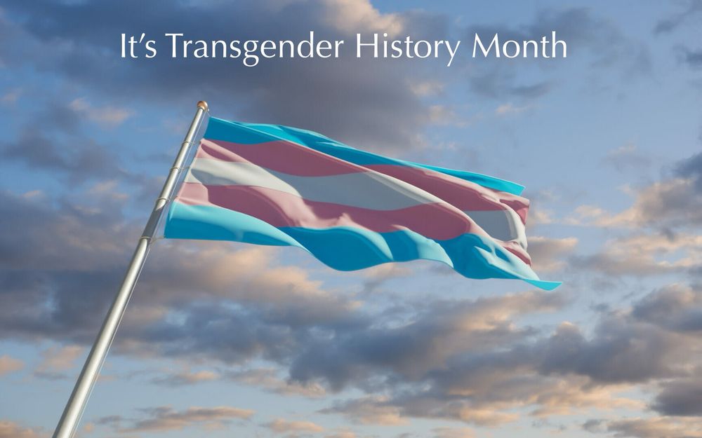 It’s Transgender History Month Picture of waving trans flag with sky and clouds in background. Pic source: https://winepressnews.com/wp-content/uploads/2023/01/transgender-pride-flag-3d-artwork.jpg