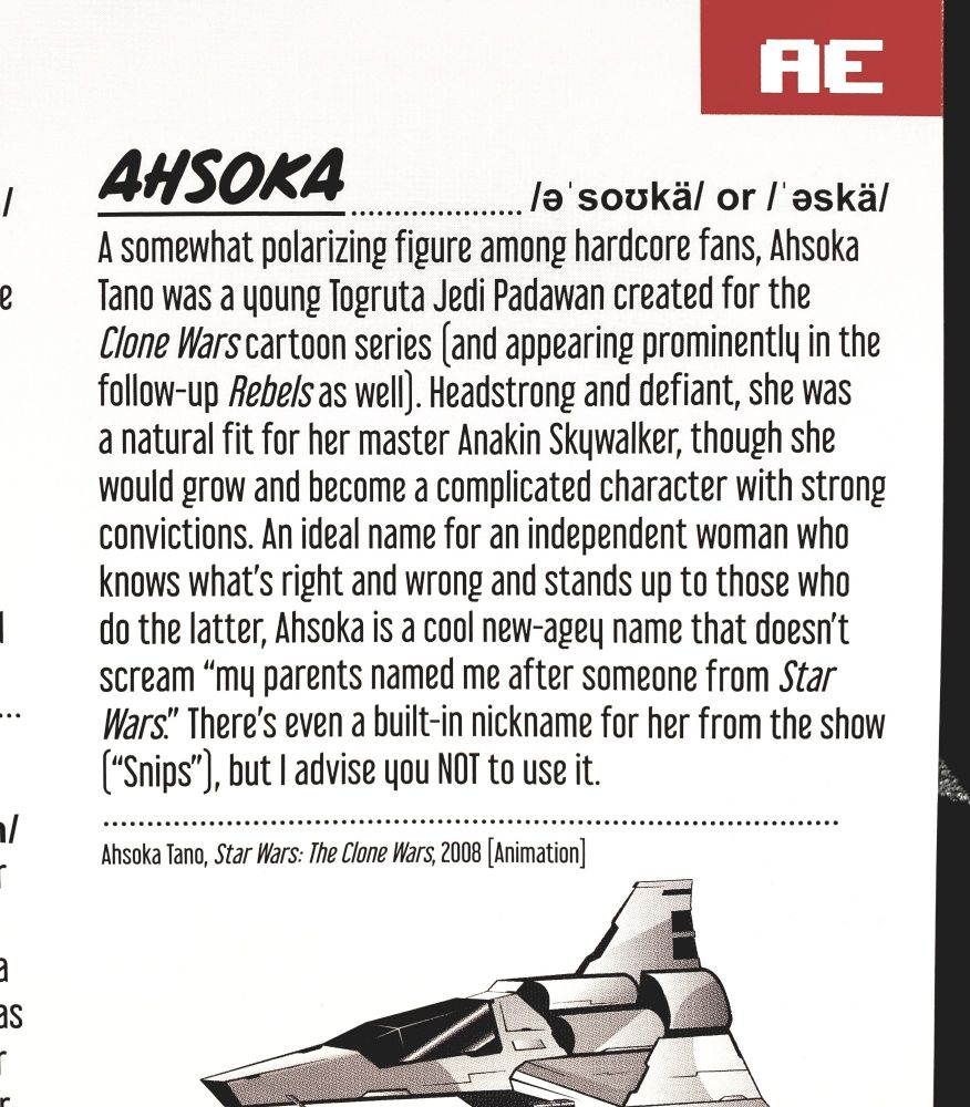The Ahsoka name entry from Naming Your Little Geek by Scott Rubin