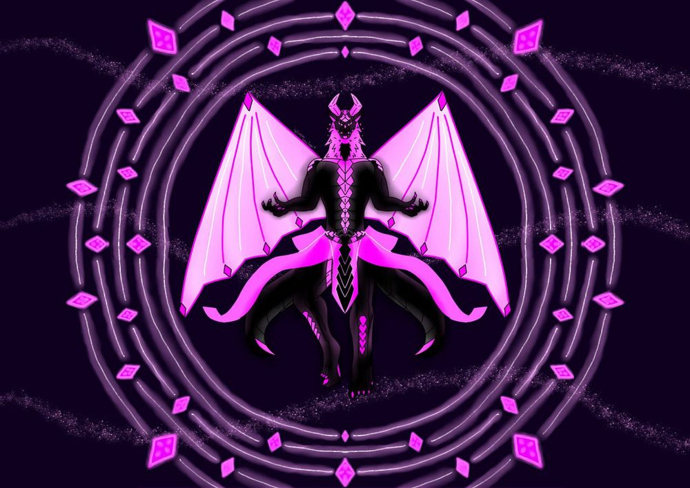 An image of a black, grey and purple anthro male dragon. He is surrounded by a series of purple crystals in a circle pattern. He is floating in the center of them.

The dragon is heavily shaded so that the purple parts are glowing and he is wearing a long flowing purple loincloth that also glows.

Behind him is the night sky.
