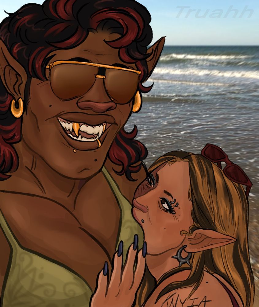 Artwork of my characters knyia and dallas at the beach with their daughter (theyre not together) 