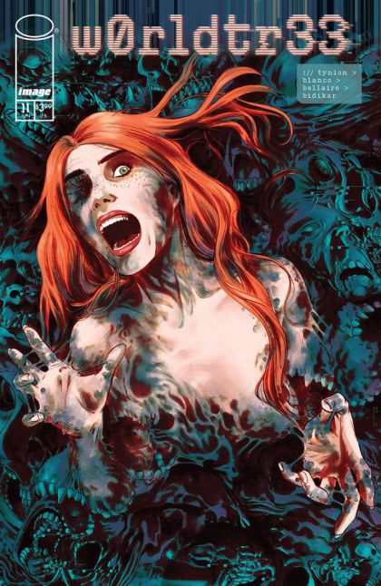 Cover of W0rldtr33 #11. Red-headed woman with an eyepatch in peril from scary stuff
