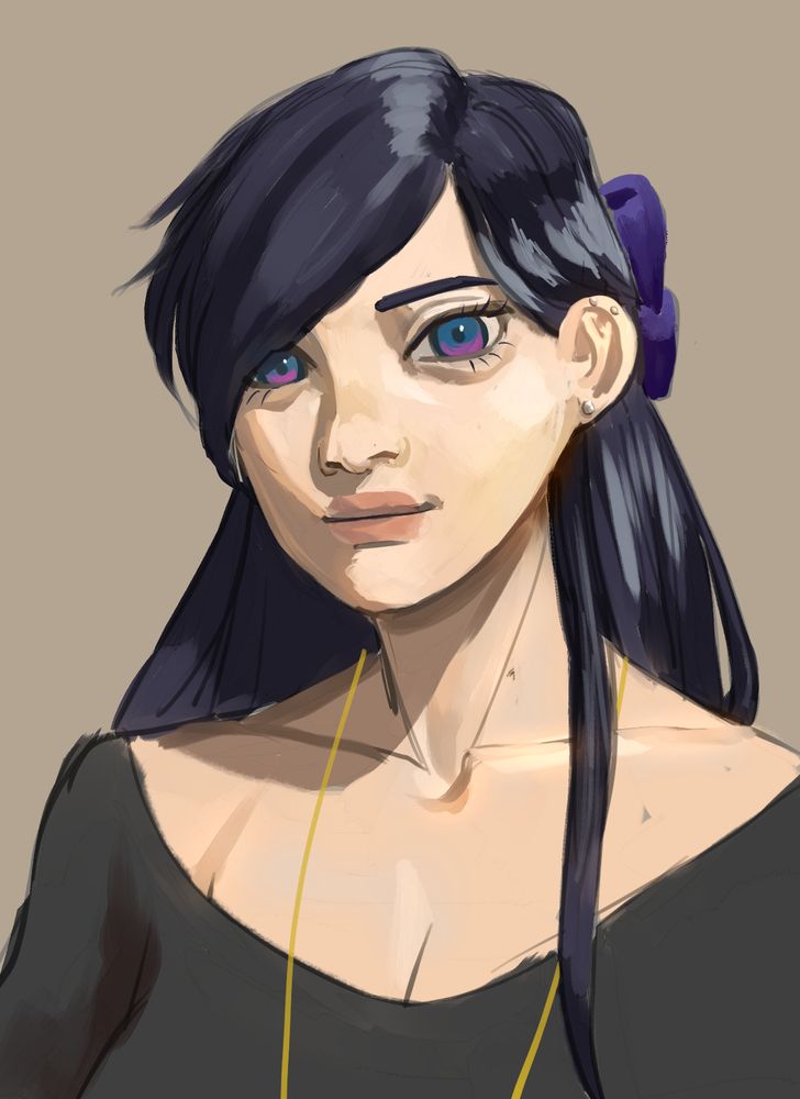 Digitally rendered portrait of a woman with dark blue hair, and dark teal eyes with a hot pink undertone