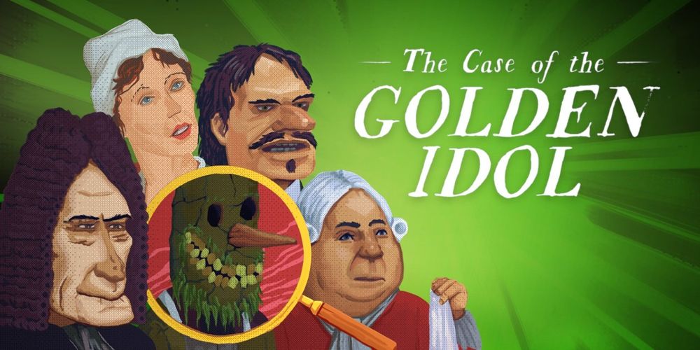 Splash art for The Case of the Golden Idol, with five characters from left to right featuring Sebastian Cloudsley, Ada Baker, a member of the Cult of Masks, James Turner and I think Augustus Valentine but it might be someone who shows up for one chapter total.