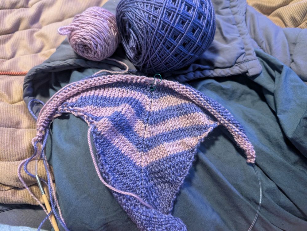 Beginning of a knitting project with pink and purple yarn. 