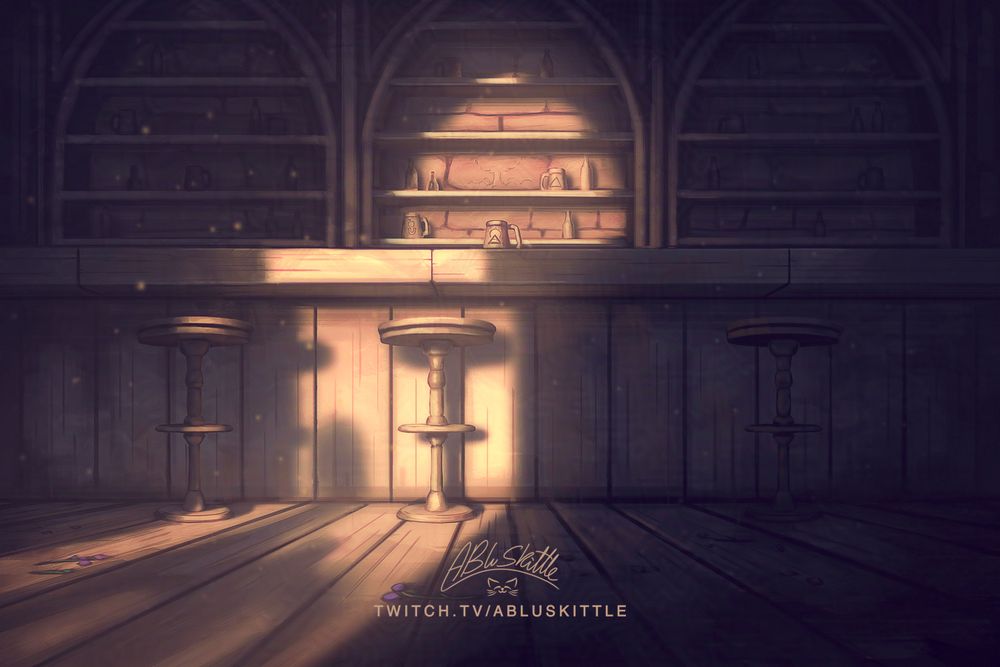 Digital painting / illustration drawn with Krita by ABluSkittle: 

Tavern Bar scene being lit up by warm light coming in through a window behind the camera casting some shadows.

Painted live on: Twitch.tv/ABluSkittle
Human art (No AI)
