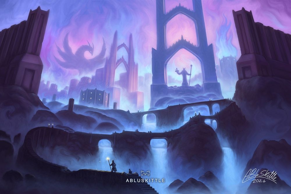 Digital painting / illustration drawn with Krita by ABluSkittle: 

Pink and blue lit ruins with tall archway set pieces and waterfalls flowing through the scene creating swirling and wispy shapes. A raised, winding and eroded pathway leads up to the main city-like section on top with a 6 winged dragon-like creature in the distance. A person with a glowing staff is walking along the pathway with a cat following behind.

Painted live on: Twitch.tv/ABluSkittle
Human art (No AI)